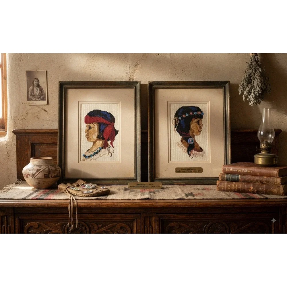 Vintage Native American Needlepoint Portraits Set of 2 Southwestern Wall Art